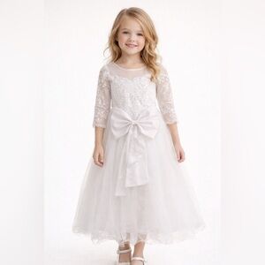 Charming White Lace Kids Dress with Bow